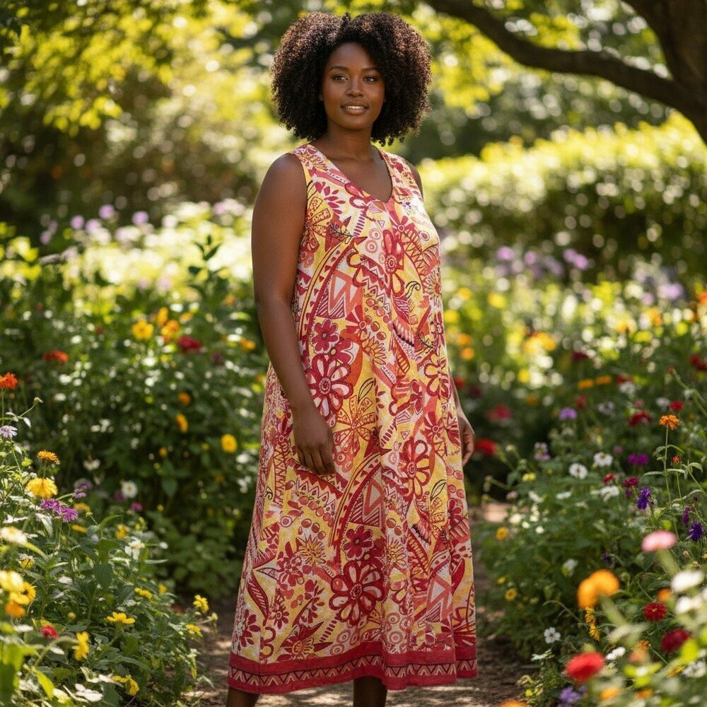 Choices Size Large 100% Linen Dress Midi Floral Print Sleeveless Casual Resort L